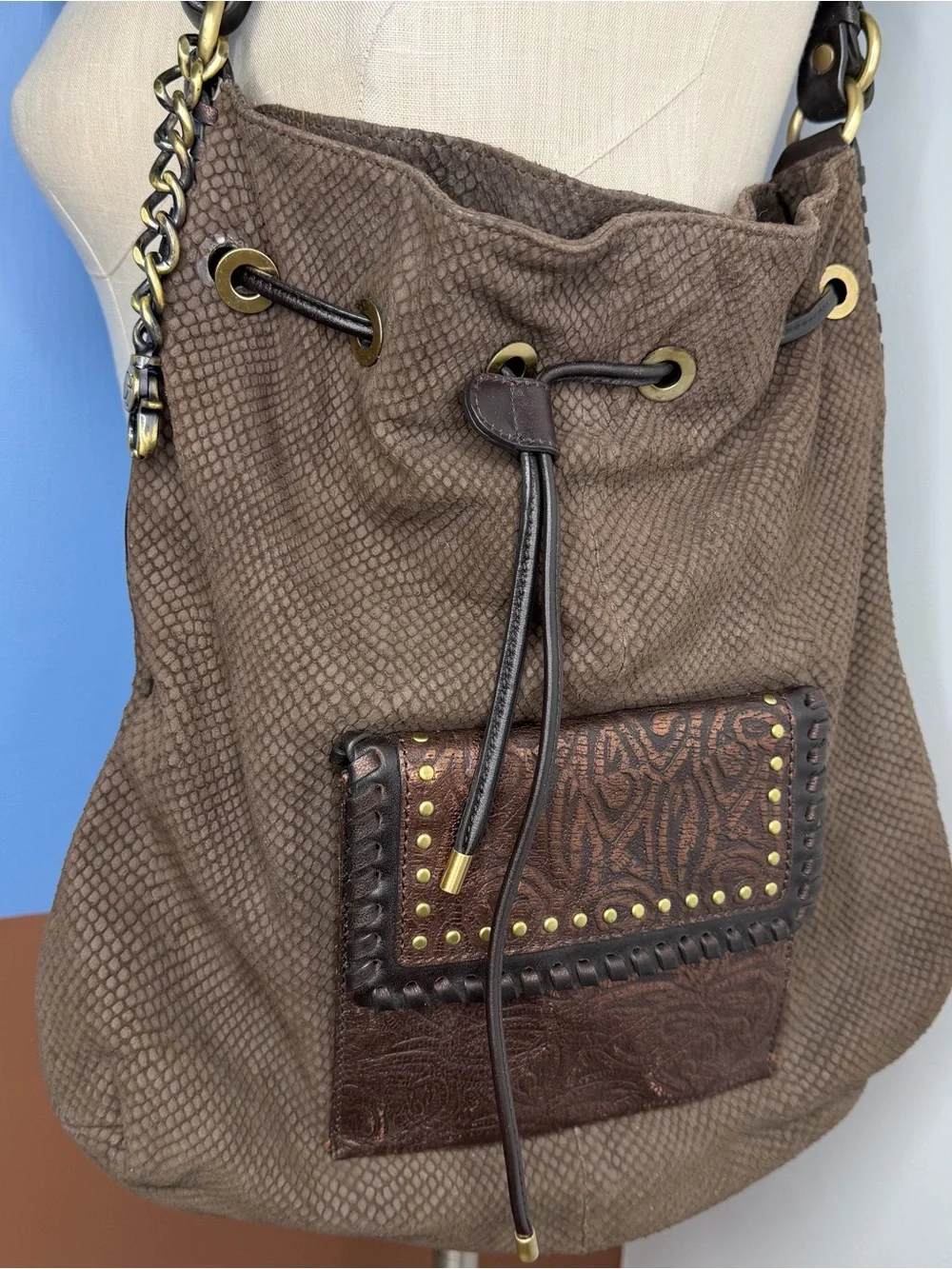 Donald J Pliner Women's Brown Drawstring Suede Snakeskin Shoulder Bag